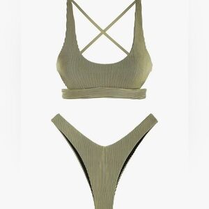 ZAFUL NWOT Womens Bikini Cutout Scoop Criss Cross Back, Olive Green, Size L